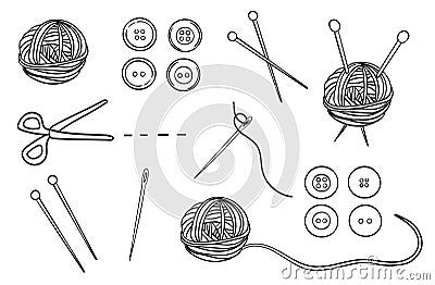 Set of sixteen knitting and sewing doodle elements. Vector Illustration